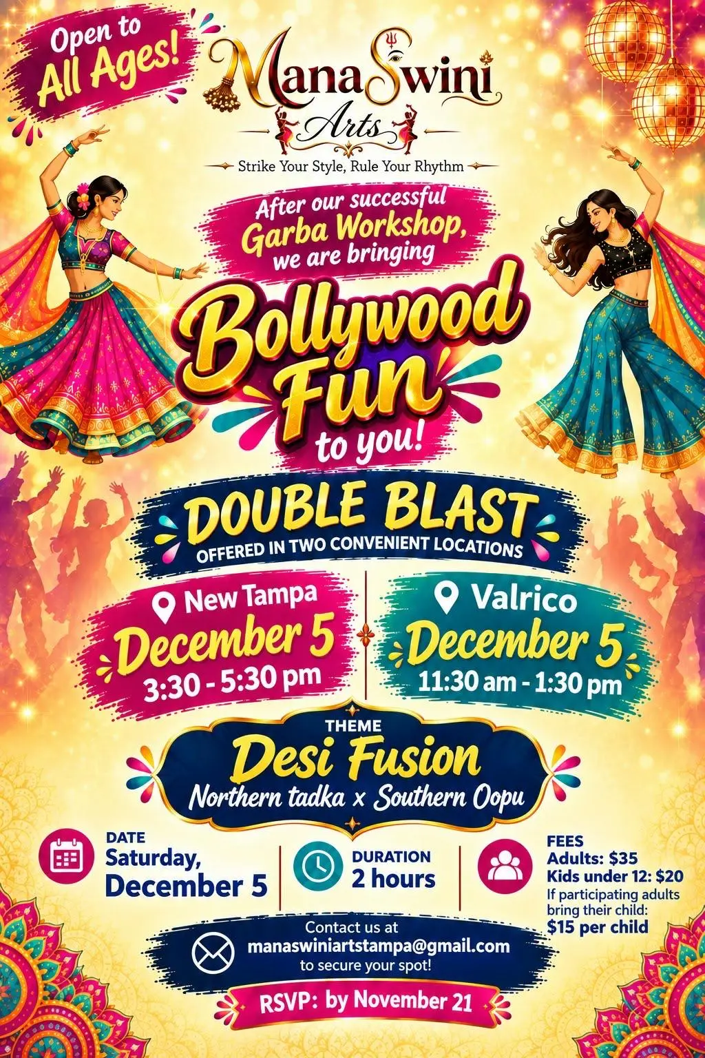 Flyer for Bollywood Fun, a Desi Fusion dance workshop on Saturday, December 5, 2026 in Valrico (11:30 AM to 1:30 PM) and New Tampa (3:30 to 5:30 PM). RSVP by November 21.